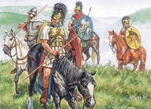 Römische Antike (Republik): Eine Gruppe römischer Reiter - Illustration von Giuseppe Rava von Giuseppe Rava
