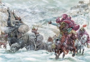 Römische Antike: Die Elefanten Hannibals während der Alpenüberquerung - Darstellung der Elefanten, die dem karthagischen General Hannibal (247-183 v. Chr.) 218 v. Chr. während des Zweiten Punischen Krieges die Alpenüberquerung ermöglichten - Illustration v