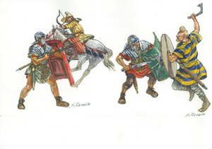 Römische Legionäre kämpfen gegen einen parthischen Bogenschützen und einen fränkischen Krieger von Giuseppe Rava