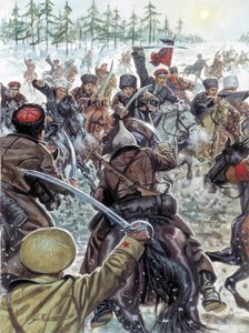 Russischer Bürgerkrieg (1917-1923): Kaukasische Soldaten an der Seite der Weißen Armeen im Jahr 1919 - Illustration von Giuseppe Rava