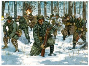 Zweiter Weltkrieg: Amerikanische Offensive während der Schlacht in den Ardennen, Dezember 1944 (Illustration von Giuseppe Rava)