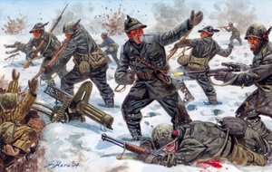 Zweiter Weltkrieg, Russische Front: Italienische Gebirgsjäger in Russland im Januar 1943 - Illustration von Giuseppe Rava