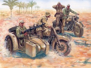 Zweiter Weltkrieg: das Deutsche Afrikakorps (DAK Afrika Korps) rollt in der libyschen Wüste in BMW-Seitenwagen