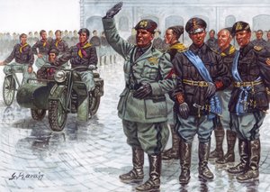Der Duce Benito Mussolini (1883-1945), begleitet von seinen Schwarzhemden, beim faschistischen Gruß während einer Militärparade - Illustration von Giuseppe Rava von Giuseppe Rava