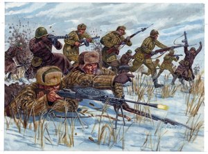 Zweiter Weltkrieg: Russische Infanteriesoldaten rücken auf dem Schlachtfeld vor - Illustration von Giuseppe Rava