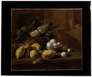 Küchenstillleben mit Artischocken, Spargel, Zitronen und Eiern