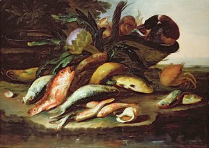Stillleben mit totem Fisch und Wild