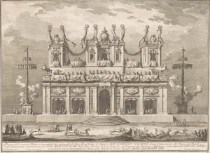 Die Seconda Macchina für die Chinea von 1765: Ein dekoriertes Gebäude mit Schlaraffenlandstangen