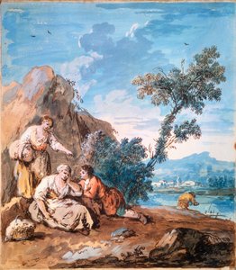 Drei Bauern ruhen sich an einem Flussufer aus, ca. 1750 von Giuseppe Zais