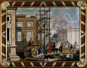 Tafel mit Pietre Dure Intarsien, Architektur darstellend