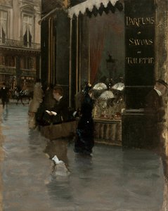 La parfumerie Violet, an der Ecke des Boulevard des Capucines und der Rue Scribe, ca. 1880