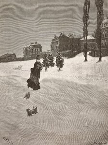 Es ist kalt!, Frau geht im Schnee, Gravur nach einem Gemälde von Giuseppe De Nittis, Zeichnung von Montefusco, L