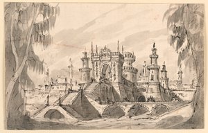 Bühnenbild, Zitadelle an einem Fluss von Giuseppino Galliari