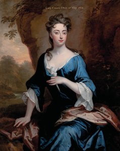 Porträt von Elizabeth Skipwith, Lady Craven, dreiviertellang, in einem blauen Kleid und einem roten Schal, eine bewaldete Flusslandschaft dahinter, 1704 von Godfrey Kneller