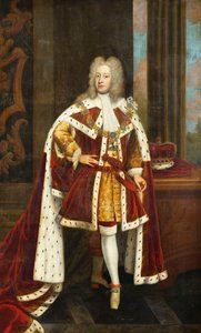 Porträt von König George II. als Prinz von Wales, in voller Länge, in Staatsroben und mit dem Orden des Hosenbandordens, das Schwert in der linken Hand haltend und die Krone auf einem Tisch neben ihm, in einem Innenraum von Godfrey Kneller