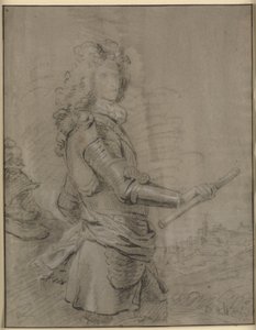 Dreiviertelporträt eines Kommandanten in Rüstung mit einem Stab in der rechten Hand. Im Hintergrund eine Landschaft mit einer Stadt von Godfrey Kneller