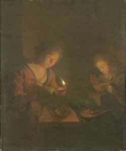 Feuer und Licht (Ein Mädchen stellt eine Kerze in eine Laterne und ein Junge bläst auf die Kohlen in einem Kohlenbecken) von Godfried Schalcken (attributed to)