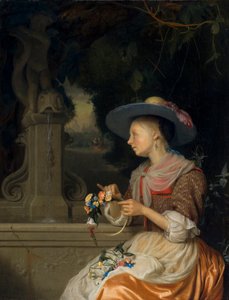 Frau, die einen Blumenkranz flicht, um 1675-80 von Godfried Schalcken
