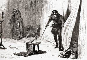 Szene aus William Shakespeares Stück Hamlet, Akt III, Szene 4, Hamlet: Du elender, ungestümer, eindringender Narr, leb wohl! Ich hielt dich für besser, aus Die Werke von William Shakespeare, veröffentlicht 1896
