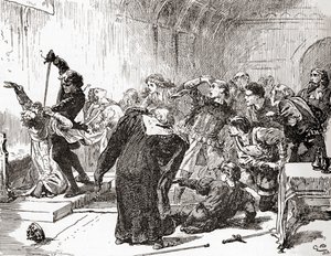 Szene aus William Shakespeares Stück Hamlet, Akt V, Szene 2, Hamlet: Die Spitze ist vergiftet! Dann, Gift, an die Arbeit. (Er sticht den König), aus Die Werke von William Shakespeare, veröffentlicht 1896