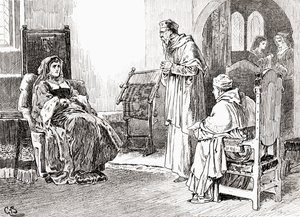 Szene aus William Shakespeares Stück König Heinrich VIII., Akt III, Szene 1, Königin Katharina: Tut, was ihr wollt, meine Herren, und verzeiht mir, wenn ich mich unhöflich benommen habe, aus Die Werke von William Shakespeare, veröffentlicht 1896 von Gordon Frederick Browne