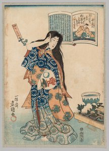 Frau mit einem Fächer in der linken Hand kämmt ihr Haar, 1786-1864 von Gototei Kunisada