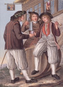 Die drei Bacchus, Bauern in der Tracht der Stadt Morat, Schweiz