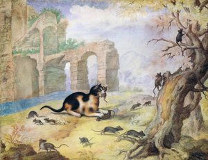 Katze tötet Mäuse in einer Landschaft von Gottfried Mind or Mindt