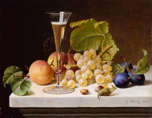 Trauben, Pfirsiche, Pflaumen, Nüsse und ein Glas Champagner auf einem Marmorsims von Gottfried Schultz