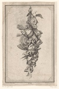 Trophäe mit Adler, Vase und Helm