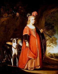 Porträt eines jungen Mädchens als Diana, in einer Lichtung mit zwei Windhunden von Govaert Flinck