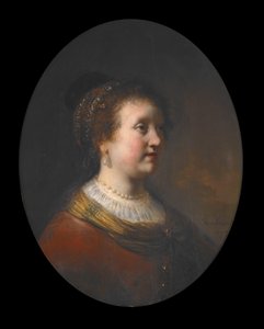 Frau in rotem Kleid mit Perlen von Govaert Flinck
