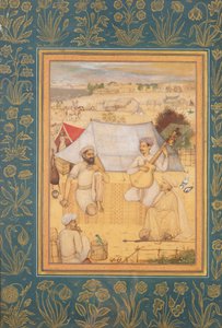 Musiker und Sänger knien am Rande eines Mogullagers. Ein Yogi und ein Diener hören ihnen zu, aus dem Minto-Album, ca. 1630 von Govardhan