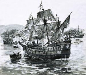 Drakes Schiff, die Golden Hind, kehrt mit immensen Reichtümern nach Portsmouth zurück