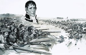 Porträt von General Andrew Jackson über dem Bild der britischen Niederlage in New Orleans 1815