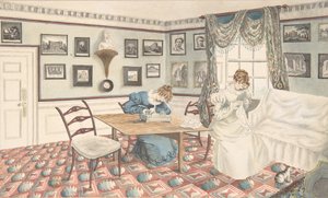 Zwei junge Frauen schreiben und nähen in einem Innenraum in Hatton, Warwickshire, 1820-30 von Granddaughters of Dr. Samuel Parr.