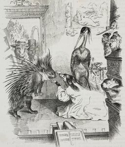 Hund und Stachelschwein, Karikatur von Jean-Jacques Grandville, Lithographie von Giovanni Mariani aus Poliorama Pittoresco, Nr. 38, 30. April