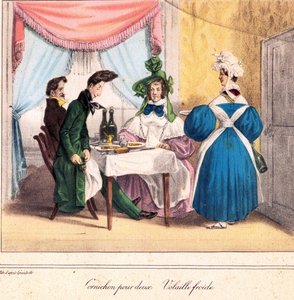 Die lebende Karte des Restaurateurs: Essiggurke für zwei, kaltes Huhn 1831-32 (Lithografie) von Grandville