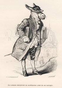 Akademischer Esel beladen mit Büchern. Vignetten illustriert von JJ Granville. Gravur signiert Caque in dem Teil "Eselführer für Tiere, die zu Ehren gelangen wollen" geschrieben von Honore De Balzac in "Szenen aus dem privaten und öffentlichen Leben der Ti von Grandville
