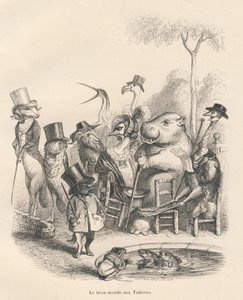 Tiere in eleganter Kleidung spazieren in den Tuilerien. Illustrierte Vignetten von JJ Granville. Gravur signiert Andrew, Best und Leloir im Teil "Geschichte eines Hasen" geschrieben von PJ Stahl in "Szenen aus dem privaten und öffentlichen Leben der Tiere"