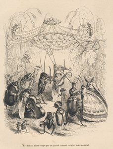 Insektenkonzert auf einem Ball. Vignetten illustriert von JJ Granville. Gravur signiert Godard im Teil "Die Abenteuer eines Schmetterlings" geschrieben von PJ Stahl in "Szenen aus dem privaten und öffentlichen Leben der Tiere". Paris, J. Hetzel und Paulin