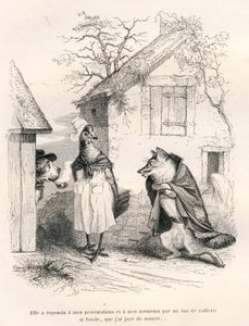 Gespräch zwischen einem Hund, einem Huhn und einem Fuchs. Vignetten illustriert von JJ Granville. Gravur signiert Godard im Teil "Ein Fuchs in der Falle" geschrieben von Charles Nodier in "Szenen aus dem privaten und öffentlichen Leben der Tiere". Paris, J von Grandville