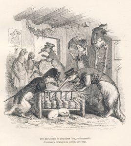 Sobald ich meinen Fuß auf die Insel setzte, wurde ich von seltsamen Tieren im Dienst des Staates angegriffen. Vignetten illustriert von JJ Granville. Gravur signiert Porret im Teil "Reise eines Spatzen aus Paris" geschrieben von George Sand in "Szenen aus  von Grandville