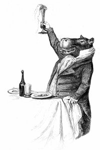 Detail einer Gravur von Grandville, entnommen aus dem Buch „Privates und öffentliches Leben der Tiere“ (Les animaux peints par eux-mêmes), Ausgabe Hetzel 1867 - Nilpferd an einem Tisch, das sein Glas erhebt und einen Toast ausbringt. von Grandville (1803 47)