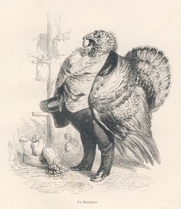 Truthahn als Banker. Illustrierte Vignetten von JJ Granville. Gravur signiert Tamisier im Teil "Erinnerungen einer alten Krähe" geschrieben von PJ Stahl in "Szenen aus dem privaten und öffentlichen Leben der Tiere". Paris, J. Hetzel et Paulin von Grandville
