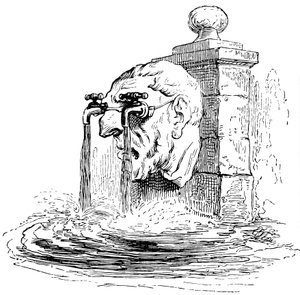 Brunnen mit dem Giebel eines menschlichen Kopfes: Die Brille des Mannes sind Wasserhähne, aus denen Wasser fließt. Detail einer Gravur von Grandville (Jean Ignace Isidore Gerard) von Grandville (1803 47)