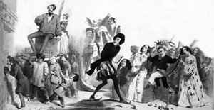 Französische romantische Schriftsteller (Alfred de Vigny, Victor Hugo, Alexandre Dumas der Ältere, Honoré de Balzac) wollen in die Französische Akademie eintreten, aber die Türen sind verschlossen, Gravur von Grandville (1803 47)
