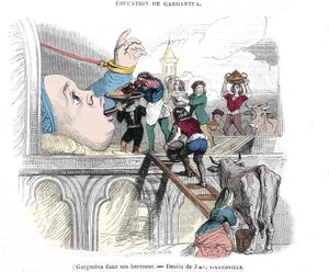 Gargantua, Figur aus den Romanen von Francois Rabelais (1483-1553), französischer Schriftsteller: „Die Erziehung von Gargantua“ Gargantua in seiner Wiege. Illustration von Gerard Grandville (1803-1847) 19. Jahrhundert von Grandville