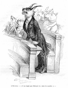 Grandville-Gravur, aus dem Buch Privat- und öffentliches Leben der Tiere, Hetzel-Ausgabe 1867 - Karikatur einer menschlichen politischen Versammlung von Grandville (1803 47)