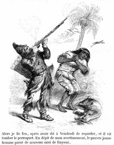 Illustration des Romans Robinson Crusoe von Daniel Defoe durch Grandville - Ausgabe Garnier 1869, S. 193. Robinson schießt mit einem Gewehr vor dem erschrockenen Freitag. von Grandville (1803 47)